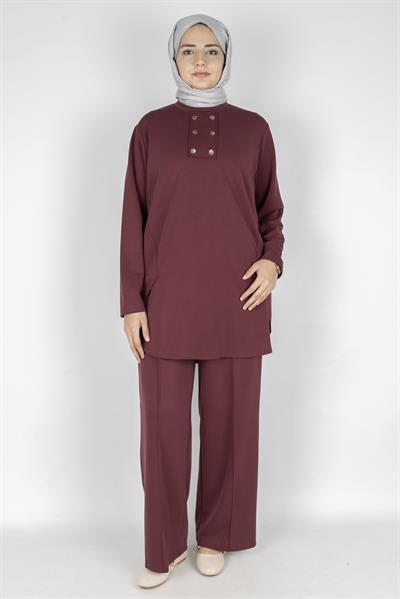 Büyük Beden Oysho Kumaş Spor Pantolonlu Takım Bordo OTW593