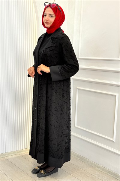 Büyük Beden Özel Dokulu Boncuk Detaylı Abaya Takım Siyah OTW26251