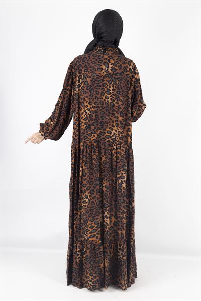 Büyük Beden Pamuk Viskon Leopar Desen Elbise Leopar OTW550
