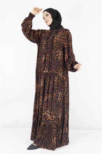 Büyük Beden Pamuk Viskon Leopar Desen Elbise Leopar OTW550