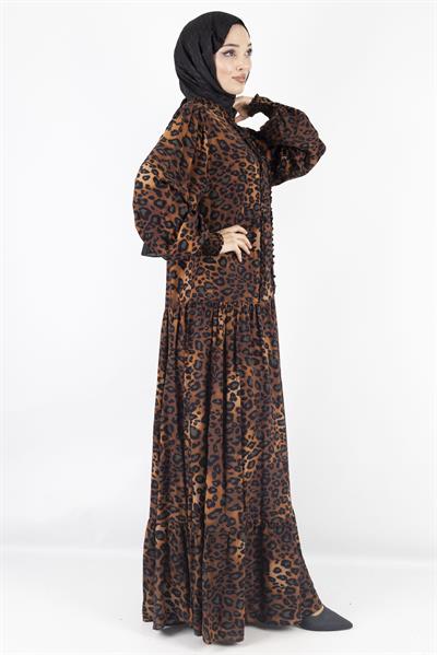 Büyük Beden Pamuk Viskon Leopar Desen Elbise Leopar OTW550