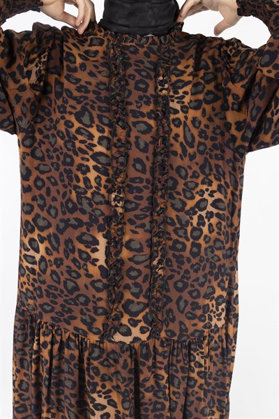 Büyük Beden Pamuk Viskon Leopar Desen Elbise Leopar OTW550