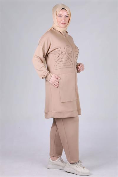 Büyük Beden Pantolonlu Takım Vizon OTW3536