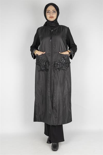 Büyük Beden Paraşüt Dantel Detaylı Kap Siyah OTW50516