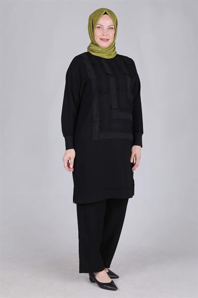 Büyük Beden Patchwork Pantolonlu Takım Siyah OTW35106