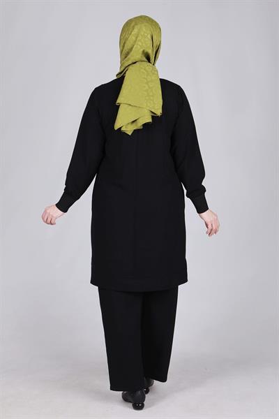 Büyük Beden Patchwork Pantolonlu Takım Siyah OTW35106