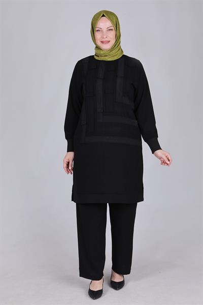 Büyük Beden Patchwork Pantolonlu Takım Siyah OTW35106