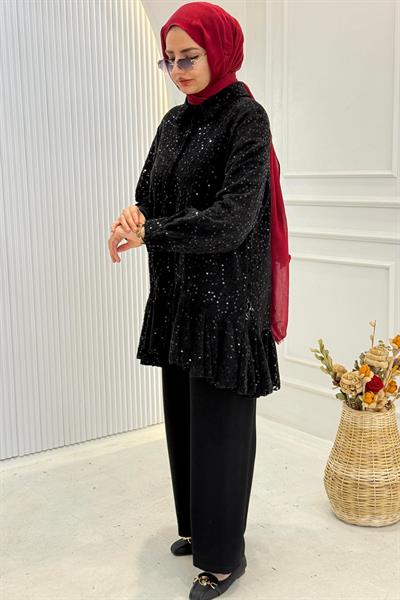 Büyük Beden Payet Detaylı Gömlek Siyah OTW9437