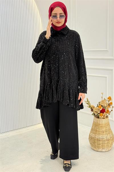 Büyük Beden Payet Detaylı Gömlek Siyah OTW9437
