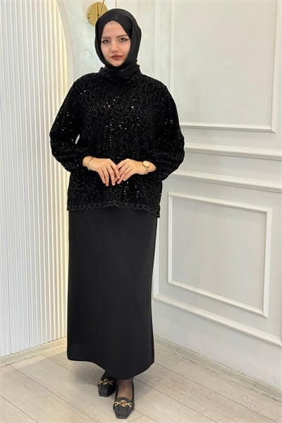 Büyük Beden Payet İşlemeli Şık Bluz Siyah OTW9837