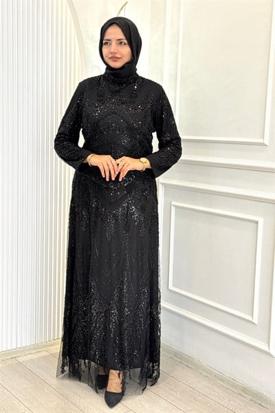 Büyük Beden Payet İşlemeli Tesettür Abiye Siyah OTW6121