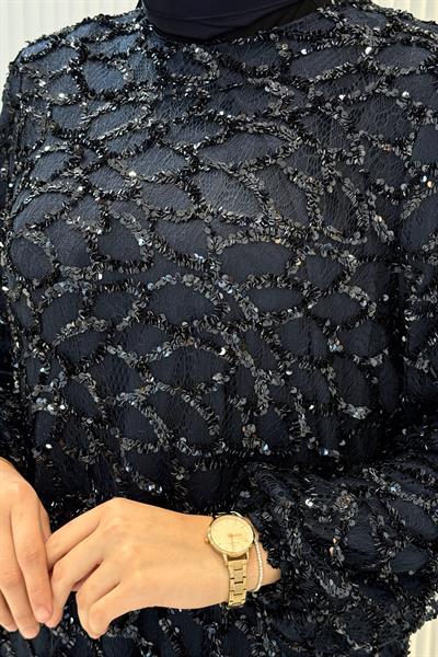 Büyük Beden Payet İşlemeli Tesettür Abiye Elbise Lacivert OTW4927