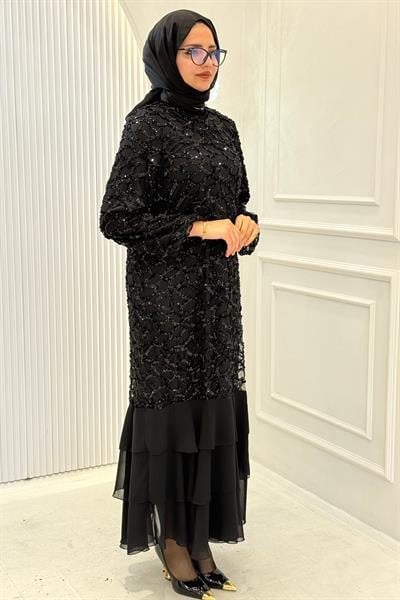 Büyük Beden Payet İşlemeli Tesettür Abiye Elbise Siyah OTW4927