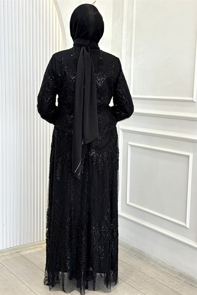 Büyük Beden Payet İşlemeli Tesettür Abiye Siyah OTW6121