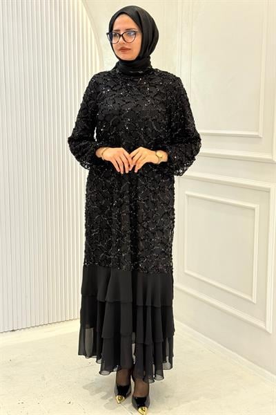 Büyük Beden Payet İşlemeli Tesettür Abiye Elbise Siyah OTW4927