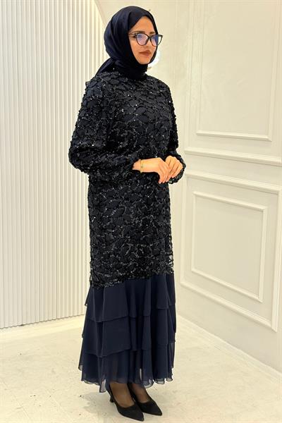 Büyük Beden Payet İşlemeli Tesettür Abiye Elbise Lacivert OTW4927