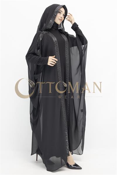 Büyük Beden Payetli Kapüşonlu Şifon Dubai Abaya Siyah-Gümüş OTW247