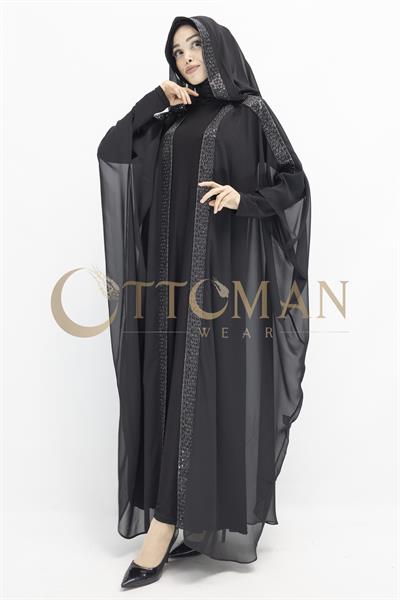 Büyük Beden Payetli Kapüşonlu Şifon Dubai Abaya Siyah-Gümüş OTW247