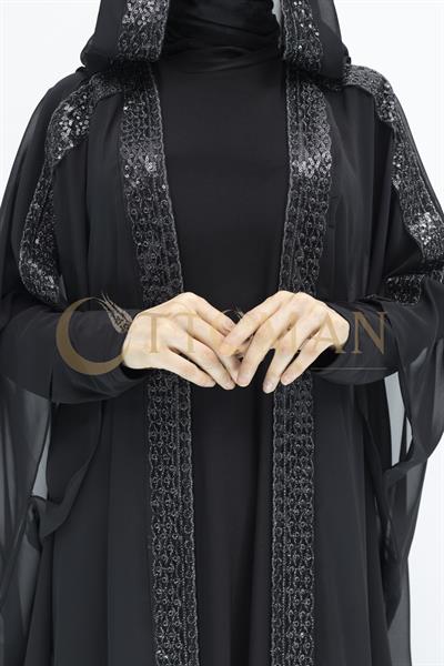 Büyük Beden Payetli Kapüşonlu Şifon Dubai Abaya Siyah-Gümüş OTW247