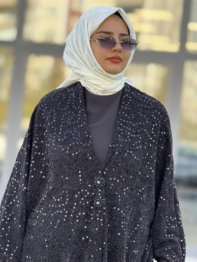 Büyük Beden Payetli Şık Abaya Ceket Siyah OTW9395