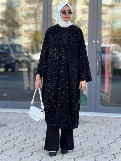 Büyük Beden Payetli Şık Abaya Ceket Siyah OTW9395