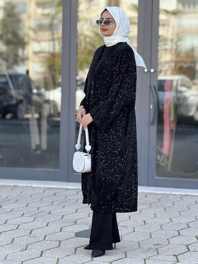 Büyük Beden Payetli Şık Abaya Ceket Siyah OTW9395