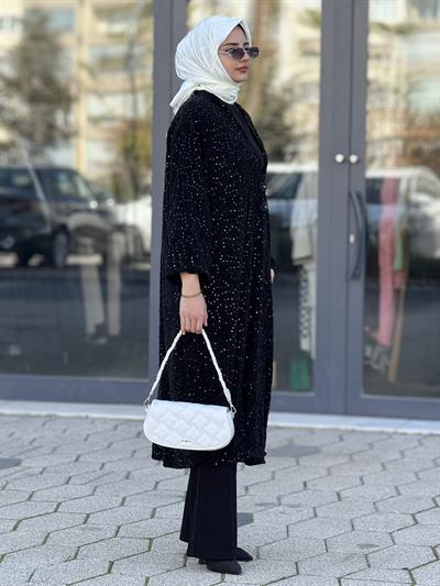 Büyük Beden Payetli Şık Abaya Ceket Siyah OTW9395