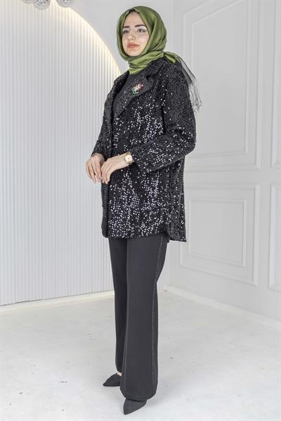 Büyük Beden Payetli Şık Ceket Siyah OTW1052