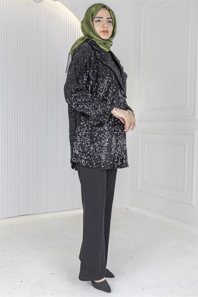 Büyük Beden Payetli Şık Ceket Siyah OTW1052