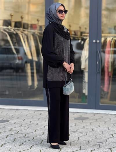 Büyük Beden Payetli Tesettür Takım Siyah OTW45833