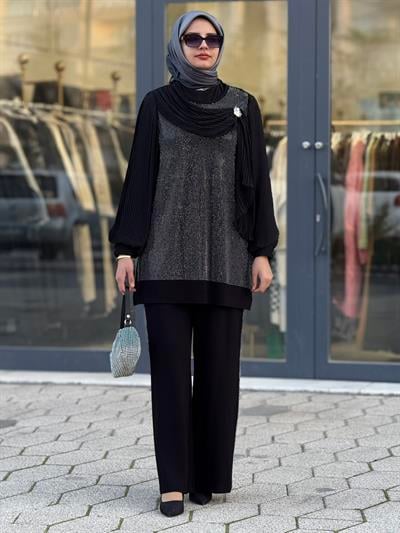 Büyük Beden Payetli Tesettür Takım Siyah OTW45833