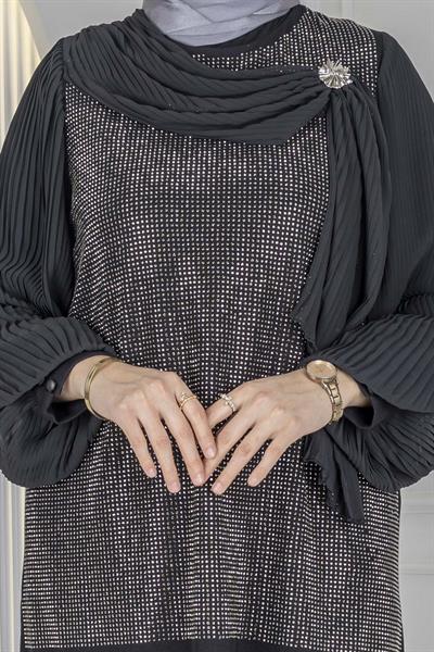 Büyük Beden Payetli Tesettür Takım Siyah OTW45833