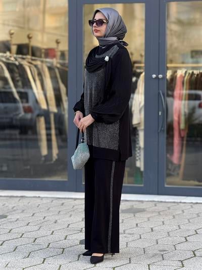 Büyük Beden Payetli Tesettür Takım Siyah OTW45833