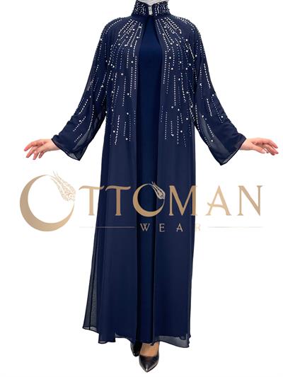 Büyük Beden Pelerinli Abiye Elbise Lacivert OTW4615