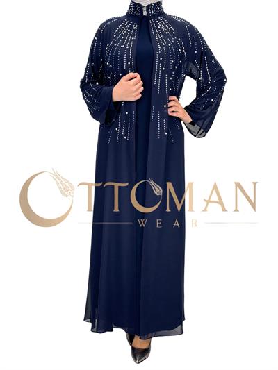 Büyük Beden Pelerinli Abiye Elbise Lacivert OTW4615