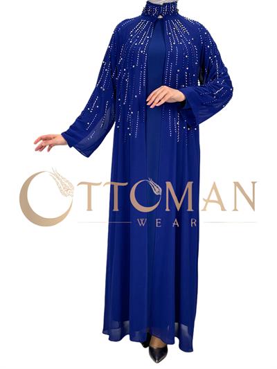 Büyük Beden Pelerinli Abiye Elbise Saks OTW4615