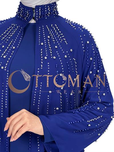 Büyük Beden Pelerinli Abiye Elbise Saks OTW4615