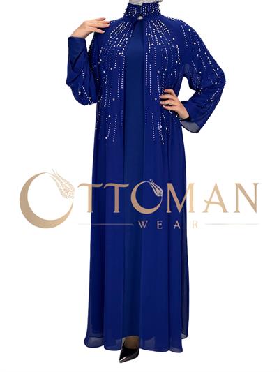 Büyük Beden Pelerinli Abiye Elbise Saks OTW4615