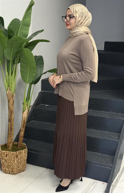 Büyük Beden Piliseli Etek Kahve OTW581