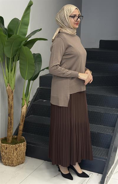 Büyük Beden Piliseli Etek Kahve OTW581