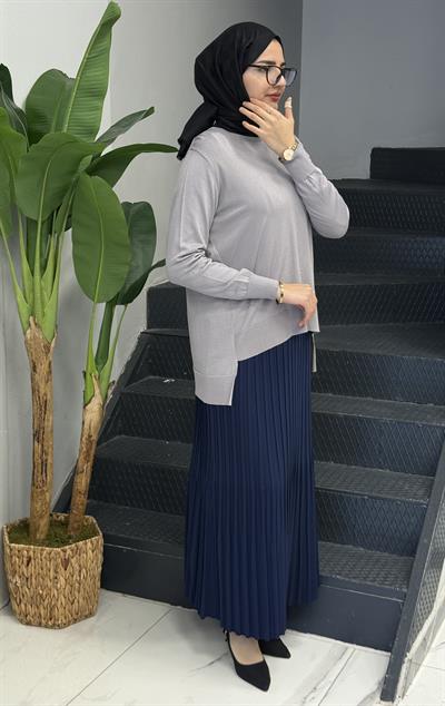 Büyük Beden Piliseli Etek Lacivert OTW581