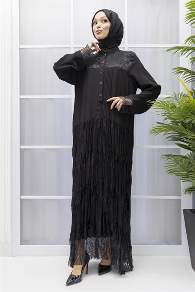 BÜYÜK BEDEN PİLİSELİ ŞIK ELBİSE Siyah OTW25120