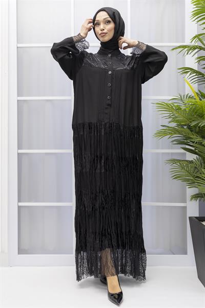 BÜYÜK BEDEN PİLİSELİ ŞIK ELBİSE Siyah OTW25120
