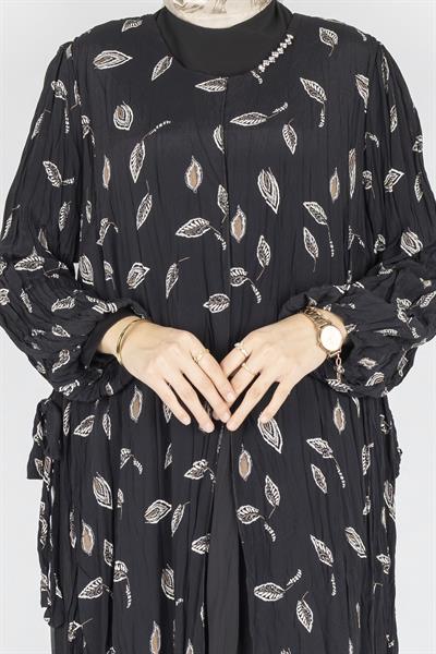 Büyük Beden Pliseli Yaprak Desenli Elbise Desenli OTW3911