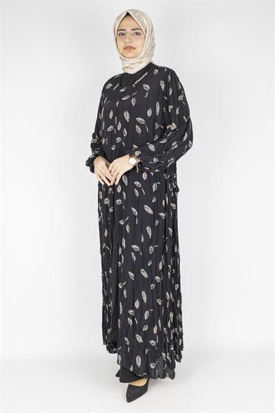 Büyük Beden Pliseli Yaprak Desenli Elbise Desenli OTW3911