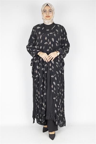 Büyük Beden Pliseli Yaprak Desenli Elbise Desenli OTW3911