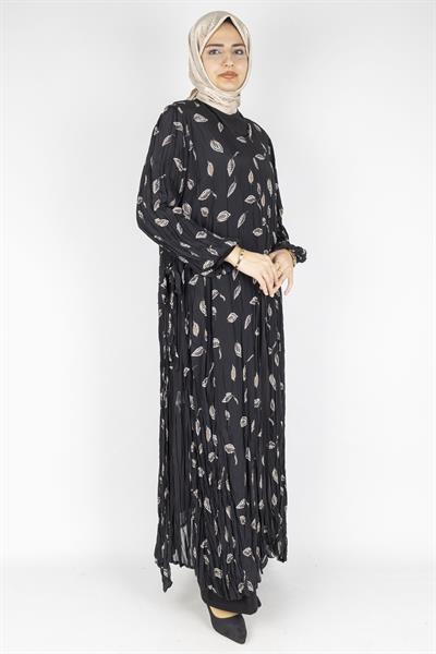 Büyük Beden Pliseli Yaprak Desenli Elbise Desenli OTW3911