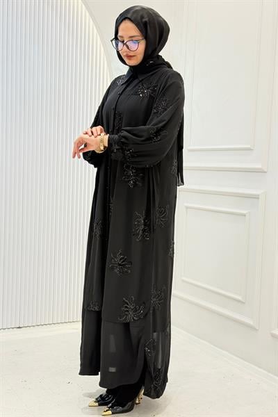 Büyük Beden  Pul Payet İşlemeli Şifon Elbise Siyah OTW9679