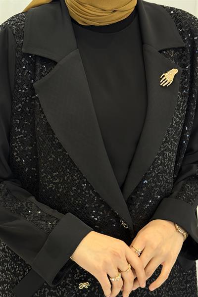 Büyük Beden Pul Payet Pantolonlu Takım Siyah OTW1236