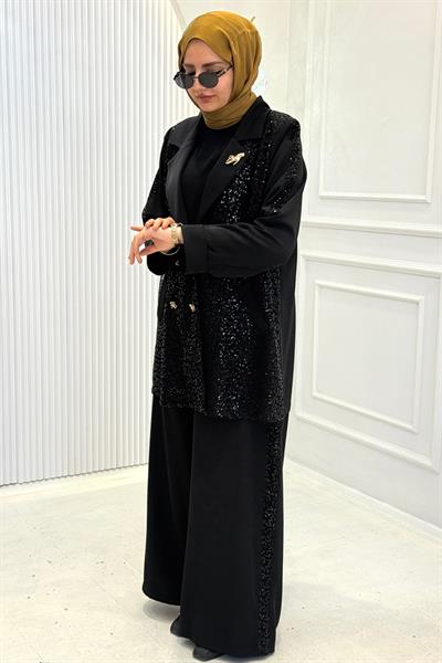 Büyük Beden Pul Payet Pantolonlu Takım Siyah OTW1236